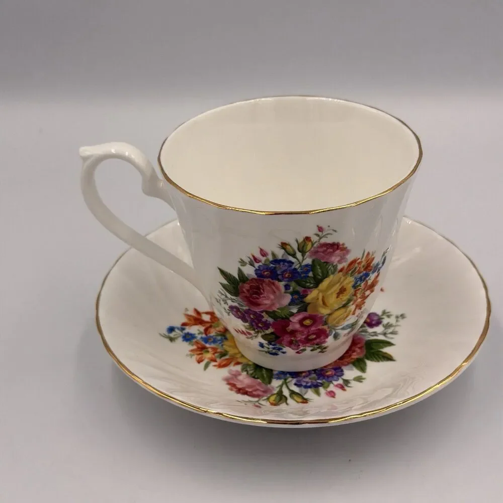 Royal Sutherland England Fine Bone China Floral Teacup & Saucer Gold Trim VTG